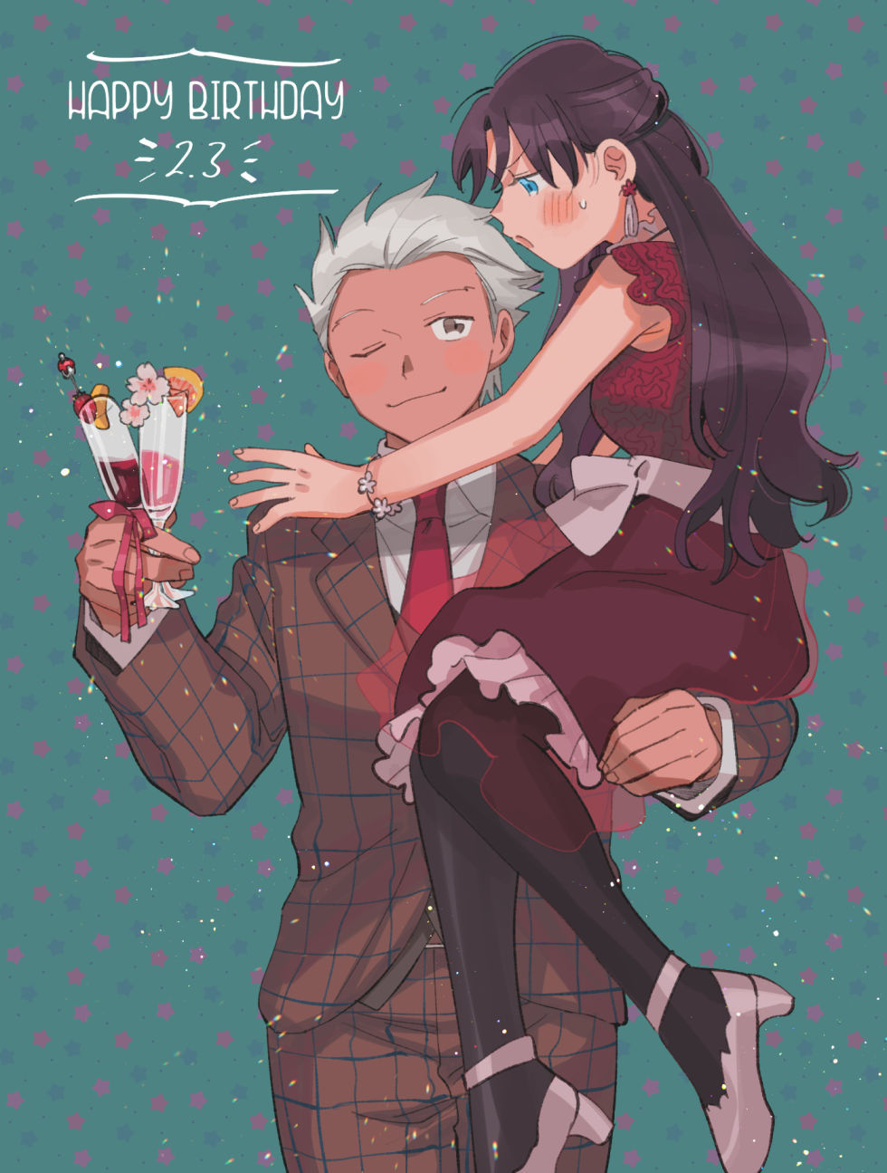 1boy 1girl alcohol archer_(fate) black_pantyhose blue_eyes blush bracelet brown_eyes brown_hair brown_jacket brown_pants brown_suit carrying carrying_person champagne closed_mouth collared_shirt commentary dress drink earrings english_commentary fate/stay_night fate_(series) grey_footwear grey_hair happy_birthday hetero high_heels highres holding holding_drink jacket jewelry long_hair looking_at_another necktie one_eye_closed oneroom-disco pants pantyhose red_dress red_necktie red_ribbon ribbon shirt smile suit sweatdrop tohsaka_rin white_shirt