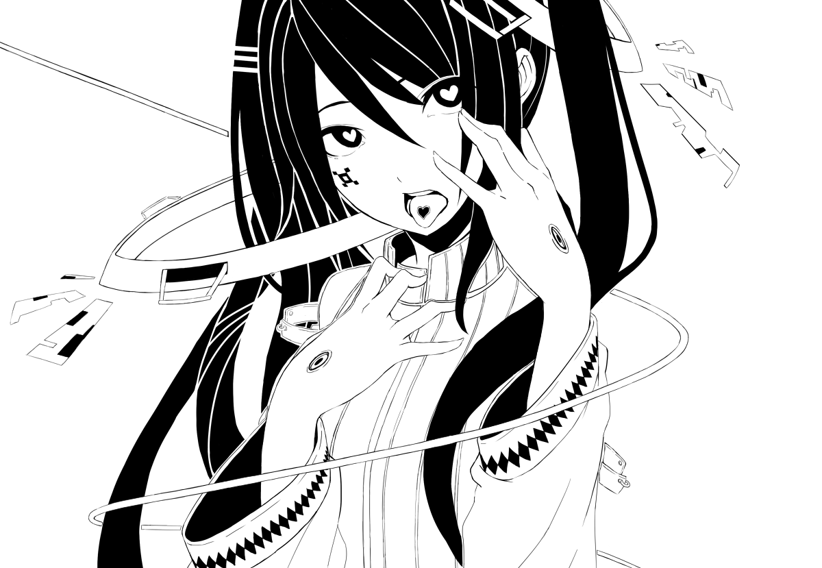 1girl audio_jack bare_shoulders cable clenched_hand detached_sleeves facial_hair greyscale hair_between_eyes hair_ornament hand_on_own_face hatsune_miku heart heart-shaped_pupils long_hair looking_at_viewer miku_append monochrome open_mouth scar scar_on_hand shirt solo symbol-shaped_pupils tongue tongue_out tongue_tattoo tsunotsuki_(uguisu_maccha) twintails very_long_hair vocaloid vocaloid_append