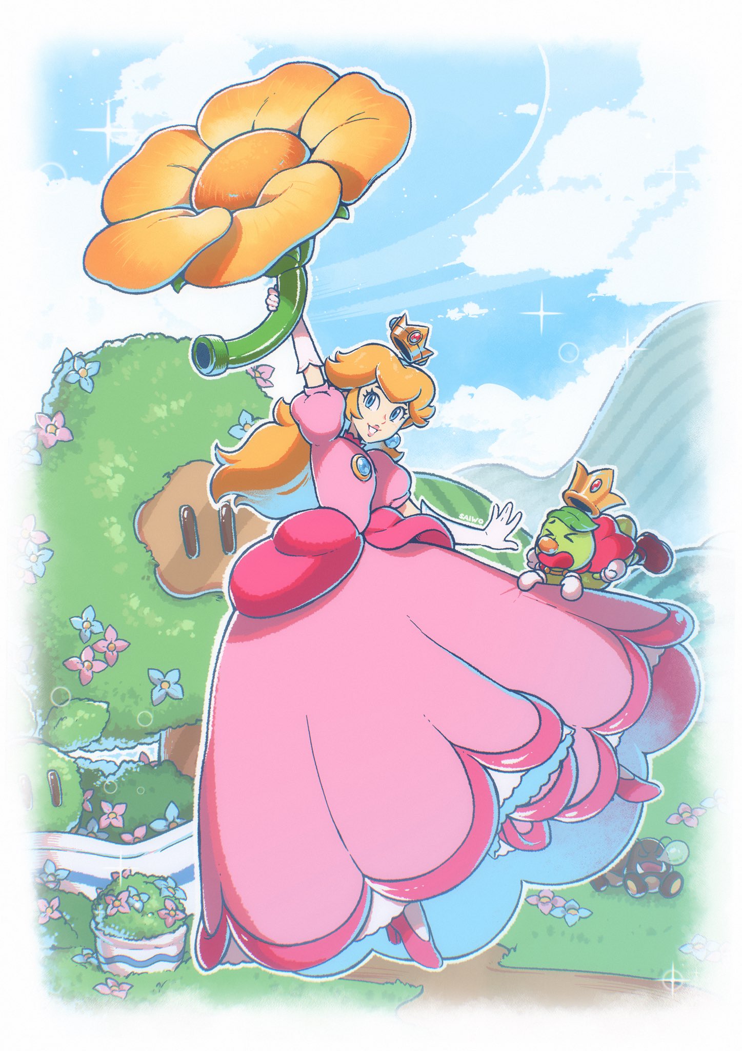 1boy 1girl blonde_hair blue_eyes blue_flower blue_sky brooch brown_footwear cape caterpillar clouds crown day dress earrings elbow_gloves flower full_body gloves grass high_heels highres holding holding_flower jewelry long_hair looking_at_viewer outdoors pink_dress pink_flower pink_footwear prince_florian princess_peach propeller_flower puffy_short_sleeves puffy_sleeves red_cape saiwo_(saiwoproject) shoes short_sleeves sky sphere_earrings super_mario_bros. super_mario_bros._wonder white_gloves yellow_flower