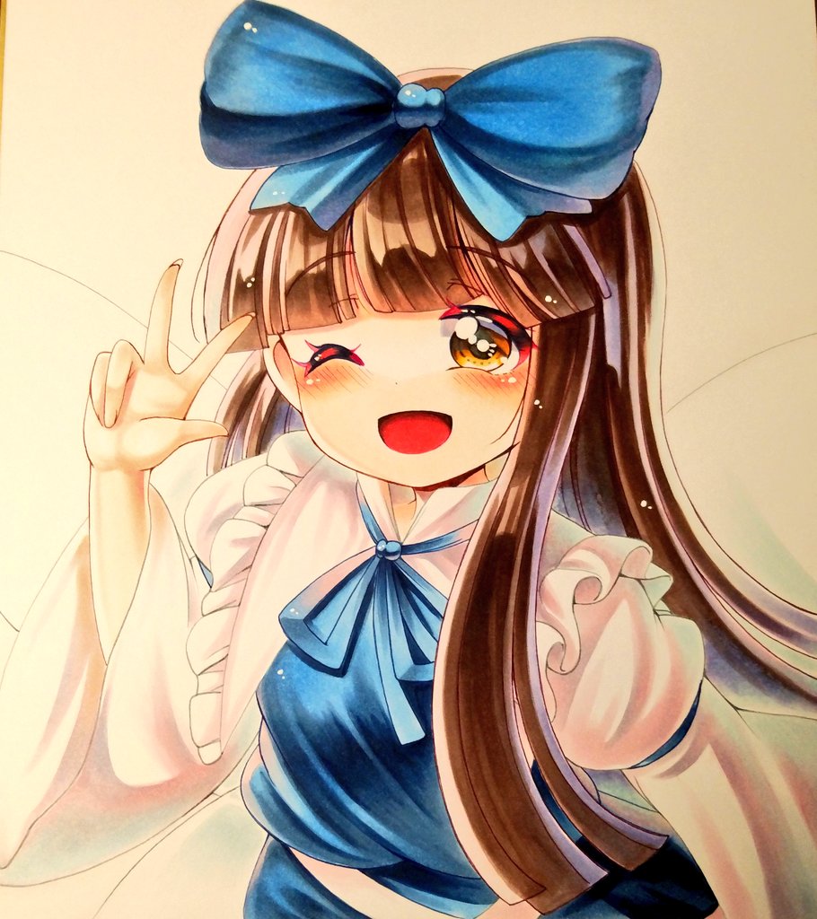 1girl ;d blue_bow blue_dress blue_ribbon blunt_bangs blush bow breasts brown_eyes brown_hair commentary_request dress fairy_wings fingernails frilled_shirt_collar frills hair_bow hand_up happy juliet_sleeves long_hair long_sleeves looking_at_viewer nemonadi one_eye_closed open_mouth puffy_sleeves ribbon simple_background small_breasts smile solo star_sapphire touhou traditional_media upper_body very_long_hair w white_background wide_sleeves wings