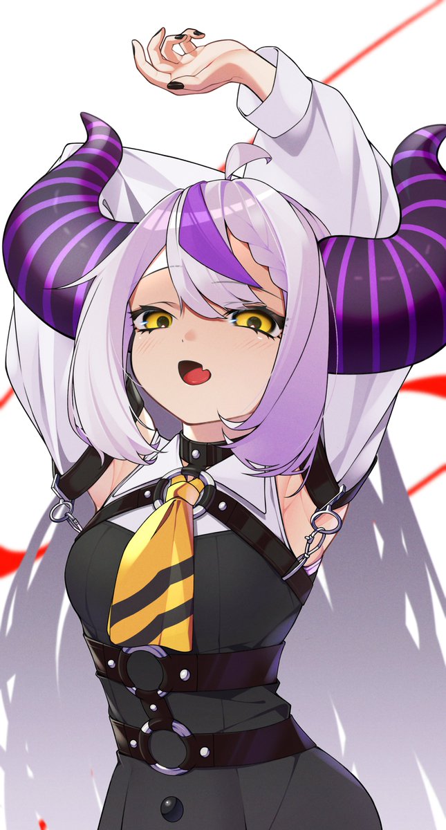 1girl ahoge arm_behind_head arms_up ascot black_horns black_nails braid braided_bangs detached_sleeves dot_keter fang grey_hair highres hololive horns la+_darknesss la+_darknesss_(1st_costume) long_hair looking_at_viewer multicolored_hair nail_polish o-ring open_mouth pointy_ears purple_hair skin_fang smile solo streaked_hair striped_horns virtual_youtuber yellow_ascot