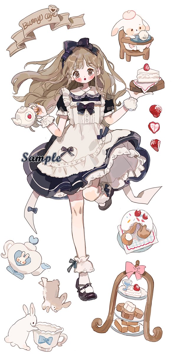 1girl :o ankle_cuffs apron back_bow banner black_bow black_dress black_footwear blush_stickers bow bow_legwear bow_print brown_eyes brown_eyeshadow brown_hair cake cake_slice circle_skirt cross-laced_footwear cup dessert dress english_text eyelashes food frilled_apron frilled_dress frilled_sleeves frills fruit full_body hair_bow heart high_chair high_heels highres holding holding_food holding_plate holding_teapot lace-trimmed_apron lace_trim leg_up long_hair maid open_mouth original plate pocket pom_pom_(clothes) puffy_short_sleeves puffy_sleeves pumps putong_xiao_gou rabbit sample_watermark short_dress short_sleeves socks solo strawberry strawberry_slice teacup teapot watermark white_apron white_background white_bow white_socks white_wrist_cuffs