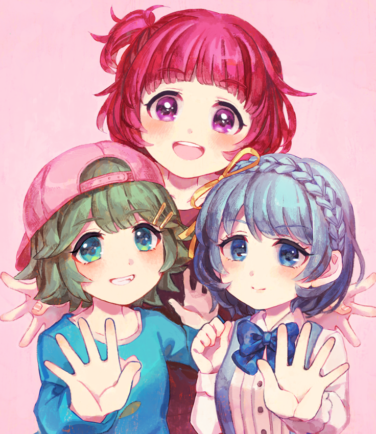 3girls amano_yae backwards_hat baseball_cap behind_another blue_bow blue_bowtie blue_eyes blue_hair blue_shirt blush bow bowtie braid closed_mouth commentary_request crown_braid dosukoi!_(napoli_no_otokotachi) fang flipped_hair green_eyes green_hair grin hair_ornament hair_ribbon hairclip hands_up hat head_tilt long_sleeves looking_at_viewer multiple_girls napoli_no_otokotachi open_hand open_hands open_mouth outstretched_arms pink_background pink_hair pink_headwear ribbed_shirt ribbon sasasasa shirt short_hair shuujou_mana simple_background smile spread_arms sumo suspenders urisaki_ran violet_eyes white_shirt yellow_ribbon