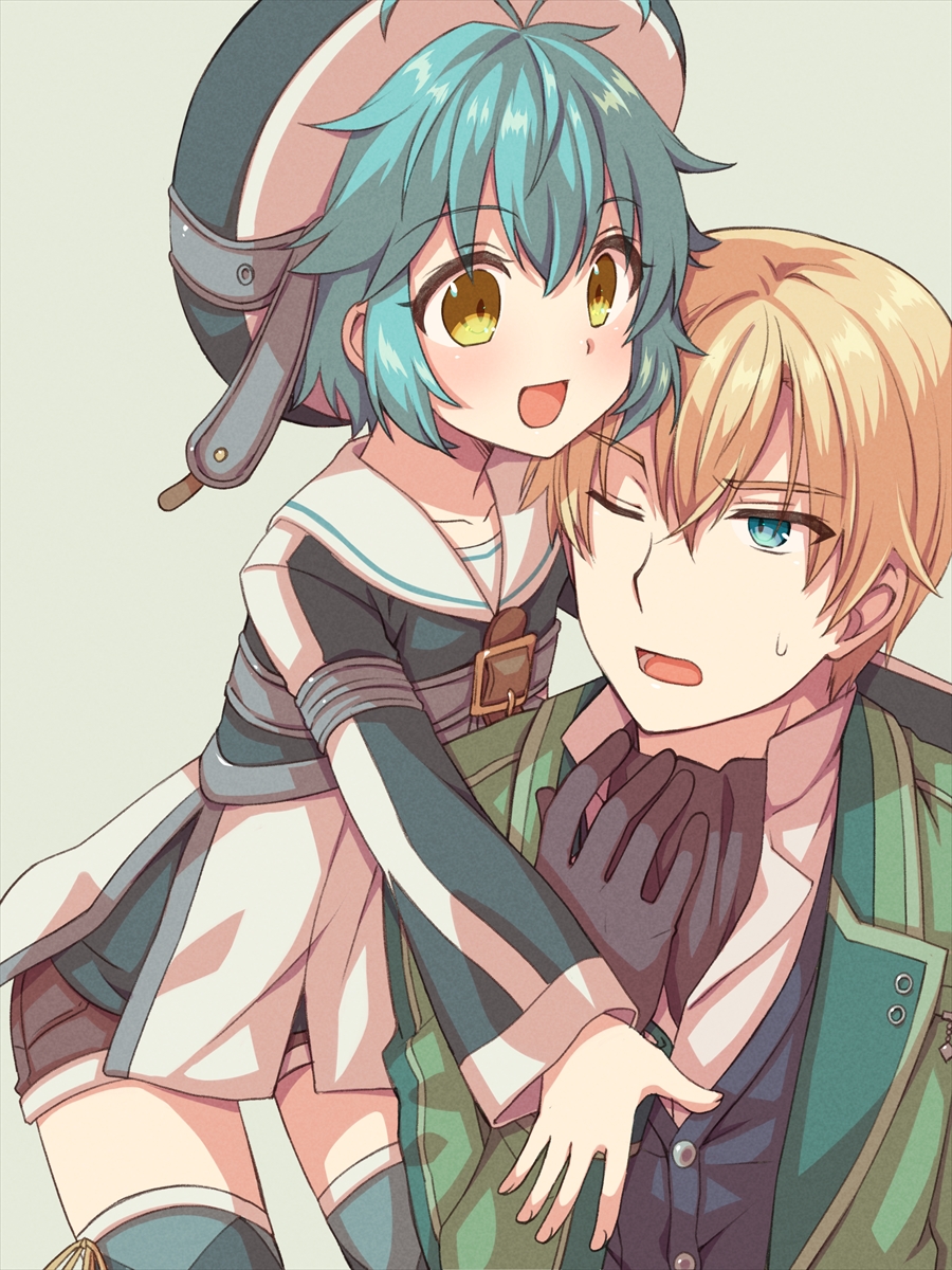 1boy 1girl :d antenna_hair black_gloves blonde_hair blue_eyes blue_hair blue_thighhighs blush brown_shorts chihiro_(chihiro3399) commentary_request cowboy_shot eiyuu_densetsu eyes_visible_through_hair frown gloves green_jacket hair_between_eyes happy heads_together highres hug jacket jusis_albarea long_sleeves looking_at_another millium_orion one_eye_closed open_clothes open_jacket open_mouth outstretched_arms sailor_collar sen_no_kiseki sen_no_kiseki_iii short_hair shorts smile spiky_hair sweatdrop tareme thigh-highs upper_body white_sailor_collar yellow_eyes
