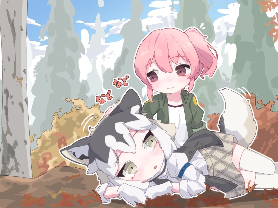 2girls animal_ears eastern_wolf_(kemono_friends) gloves green_jacket grey_hair grey_jacket grey_necktie grey_skirt hand_on_another's_head jacket kemono_friends kemono_friends_3 lying multicolored_hair multiple_girls nana_(kemono_friends) necktie on_side open_clothes open_jacket pink_eyes pink_hair plaid plaid_necktie plaid_skirt pleated_skirt puffy_sleeves sarutori shirt short_hair side_ponytail skirt tail thigh-highs two-tone_hair white_gloves white_hair white_shirt white_thighhighs wolf_ears wolf_girl wolf_tail zettai_ryouiki