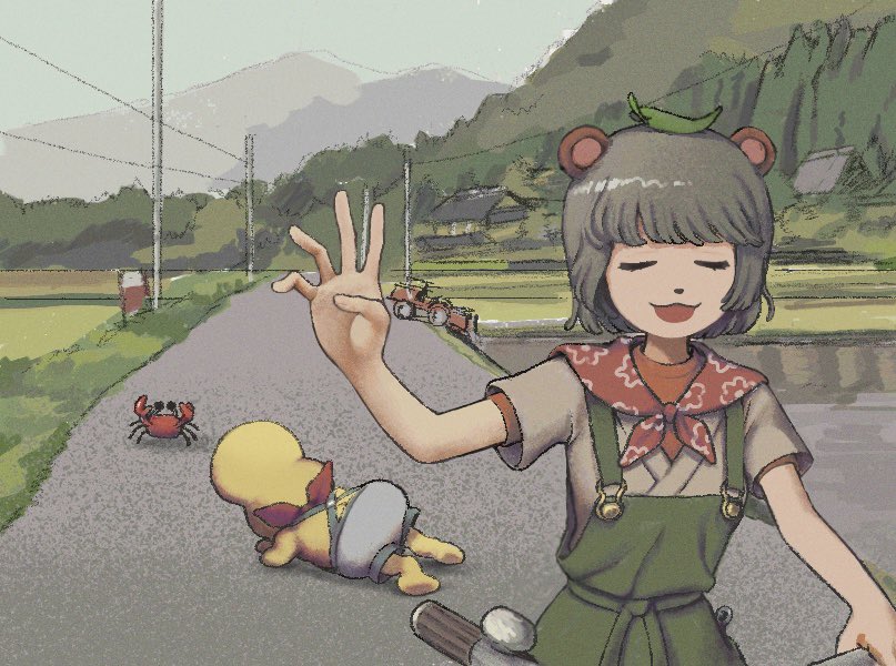 1boy 1girl :3 animal_ears animal_nose bald bandana bandana_around_neck bicycle bob_cut closed_eyes commentary_request crab criss-cross_suspenders day facing_away facing_viewer green_overalls grey_hair grey_shorts hand_up leaf leaf_on_head mode_aim mountainous_horizon on_ground open_mouth orange_shirt outdoors peanuts-kun photo-referenced ponpoko_(vtuber) power_lines raccoon_ears raccoon_girl red_bandana riding riding_bicycle road rural shirt short_hair short_sleeves shorts smile stance_of_heaven_and_earth suspender_shorts suspenders tractor undershirt upper_body utility_pole uyakan virtual_youtuber