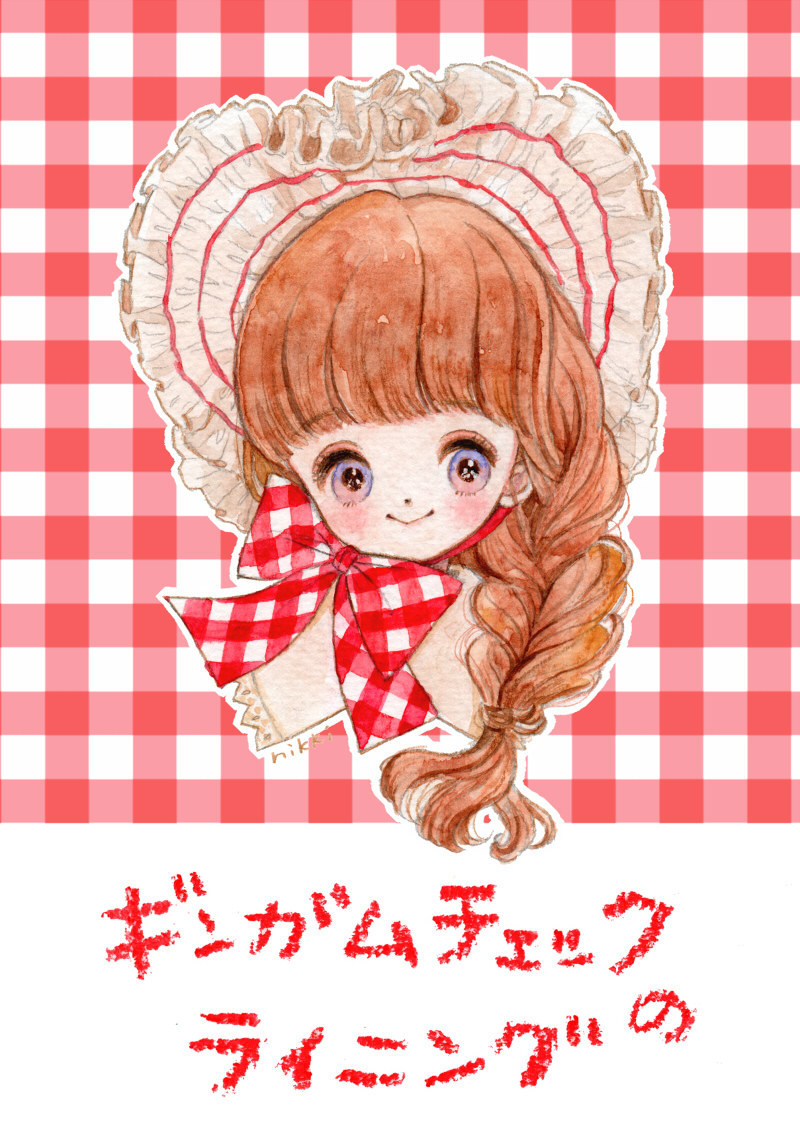 1girl :&gt; artist_name blunt_bangs bonnet bow bowtie braid brown_hair closed_mouth collar cover cover_page doujin_cover eyelashes frilled_headwear head_only lace-trimmed_collar lace_trim light_blush long_hair nikki_(nikipopo) original outline painting_(medium) plaid plaid_background plaid_bow plaid_bowtie red_background red_bow red_bowtie single_braid smile solo straight-on traditional_media two-tone_background violet_eyes watercolor_(medium) white_background white_collar white_headwear white_outline