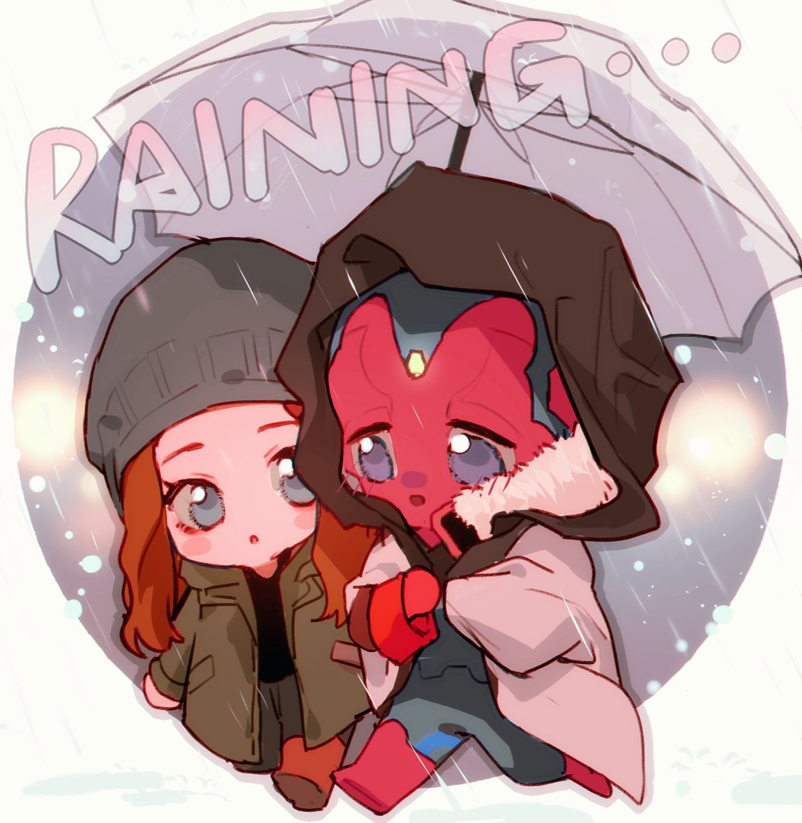 1boy 1girl black_shirt blue_eyes blush blush_stickers bodysuit boots border brown_footwear brown_hair chibi coat colored_skin english_text full_body green_coat grey_bodysuit grey_headwear grey_pants hands_up hat holding holding_umbrella hood hooded_coat long_hair long_sleeves looking_at_another marvel marvel_cinematic_universe open_clothes open_coat open_mouth outside_border pants pocket puddle puffy_long_sleeves puffy_sleeves qin_(7833198) rain red_footwear red_skin shadow shirt smile umbrella violet_eyes vision_(marvel) walking wanda_maximoff wandavision white_border white_coat
