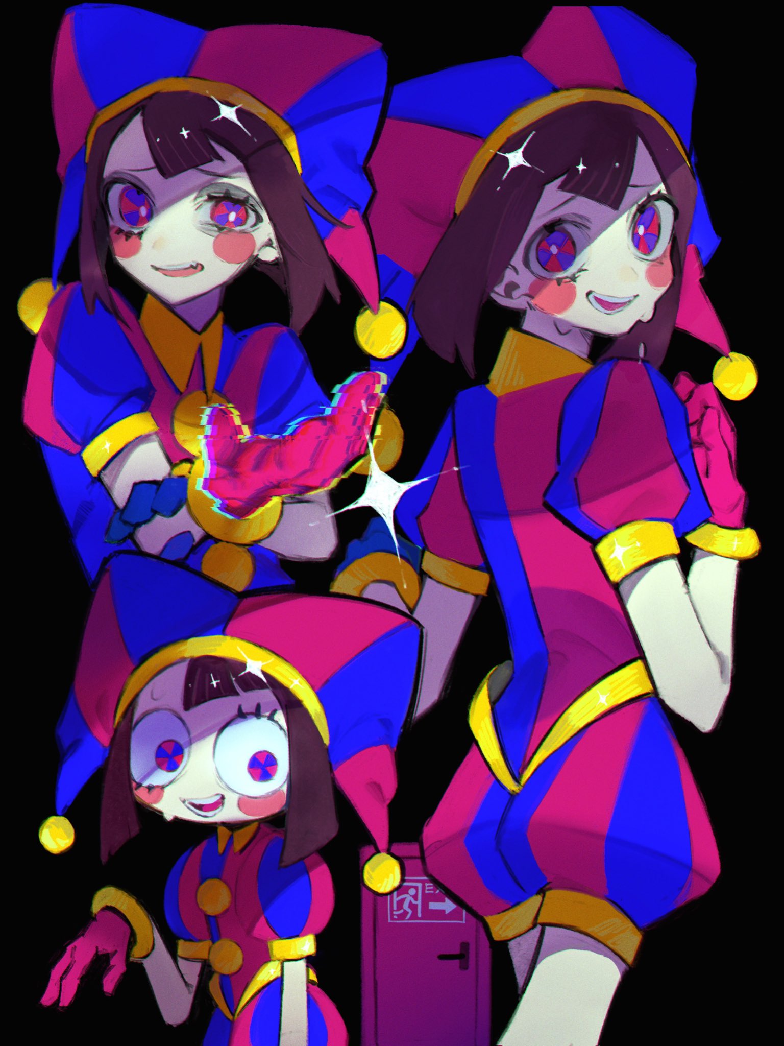 1girl asymmetrical_gloves blue_gloves blue_headwear blush_stickers brown_hair gloves hat hat_bell highres jester jester_cap jester_costume mismatched_gloves multicolored_clothes multicolored_headwear pomni_(the_amazing_digital_circus) puffy_short_sleeves puffy_sleeves red_eyes red_gloves red_headwear short_sleeves striped striped_headwear takenaka_(takenaka1111) the_amazing_digital_circus two-tone_eyes vertical-striped_bodysuit vertical-striped_headwear vertical_stripes violet_eyes