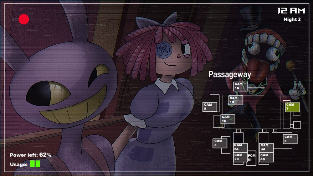 1girl 2boys animal_ears black_eyes bow button_eyes caine_(the_amazing_digital_circus) clenched_teeth colored_sclera dress five_nights_at_freddy's five_nights_at_freddy's_1 hair_bow jax_(the_amazing_digital_circus) maromichan multiple_boys overalls pink_overalls puffy_short_sleeves puffy_sleeves purple_bow purple_dress rabbit_boy rabbit_ears ragatha_(the_amazing_digital_circus) redhead short_sleeves smile teeth the_amazing_digital_circus triangle_nose yellow_sclera yellow_teeth