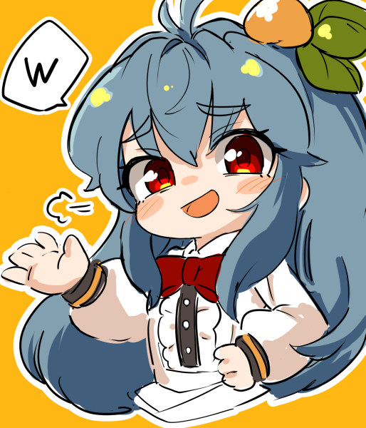 1girl =3 antenna_hair blue_hair blush bow bowtie center_frills commentary_request food-themed_hair_ornament frills hair_ornament hinanawi_tenshi long_hair looking_at_viewer open_mouth orange_background outline peach_hair_ornament red_bow red_bowtie red_eyes simple_background solo speech_bubble touhou uisu_(noguchipint) upper_body white_outline