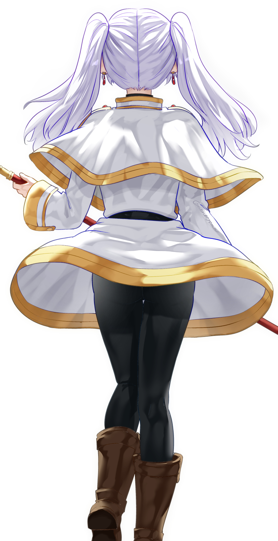 1girl ass black_pantyhose boots brown_footwear capelet dangle_earrings dress earrings elf frieren from_behind highres holding holding_staff jewelry long_sleeves mage_staff pantyhose pointy_ears simple_background solo sousou_no_frieren staff standing twintails twitter_username uenoryoma white_background white_capelet white_dress