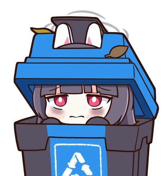 1girl achilles_(yosshyachillesd) animal_ears black_hair blue_archive blush bright_pupils closed_mouth fake_animal_ears grey_halo halo in_trash_can leaf long_hair looking_at_viewer miyu_(blue_archive) rabbit_ears red_eyes simple_background solo trash_can white_background white_pupils