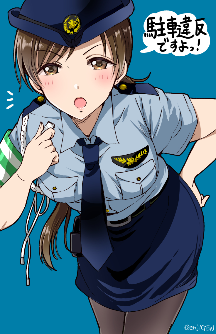 1girl belt black_belt black_pantyhose blue_background blue_necktie blue_skirt blush breasts brown_eyes brown_hair cowboy_shot dot_nose gen_(enji) green_sash hand_on_own_hip hand_up hat holding holding_whistle holster idolmaster idolmaster_cinderella_girls idolmaster_cinderella_girls_starlight_stage leaning_forward long_hair looking_at_viewer medium_breasts miniskirt necktie nitta_minami open_mouth pantyhose pencil_skirt police police_hat police_uniform policewoman sash simple_background skirt solo speech_bubble standing translated twitter_username uniform v-shaped_eyebrows whistle