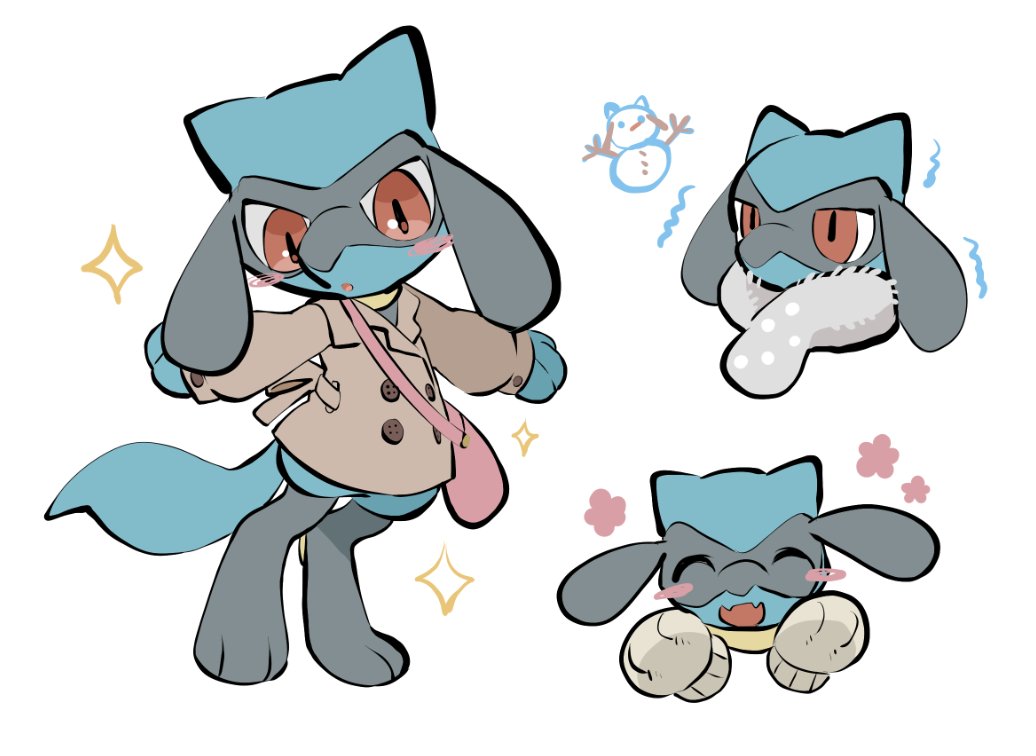 1boy :d :o animal_ears bag blush_stickers closed_eyes fangs furry furry_male long_sleeves mittens multiple_views open_mouth pokemon pokemon_(creature) red_eyes riolu scarf simple_background smile standing tail white_background yumeminoideyu2