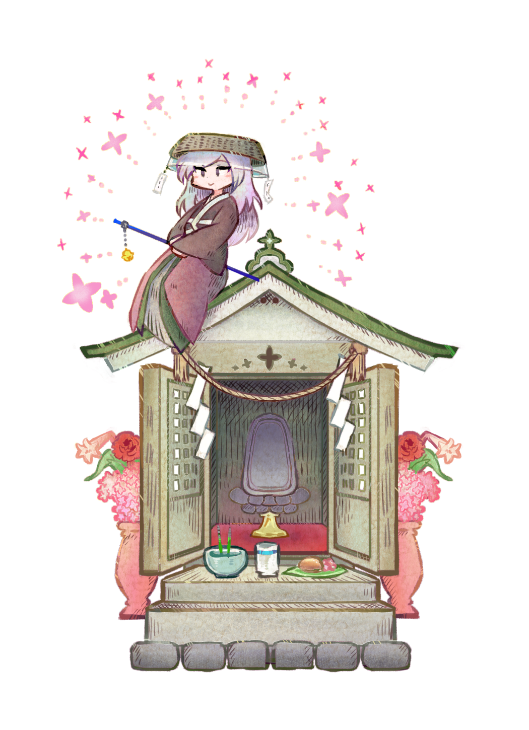 1other ajirogasa androgynous bell brown_headwear brown_kimono chikafumikou closed_mouth commentary_request flower hat highres hokora_(shrine) japanese_clothes kimono len'en long_hair long_sleeves other_focus pink_flower purple_hair red_flower shirami_souko sitting smile solo vase violet_eyes