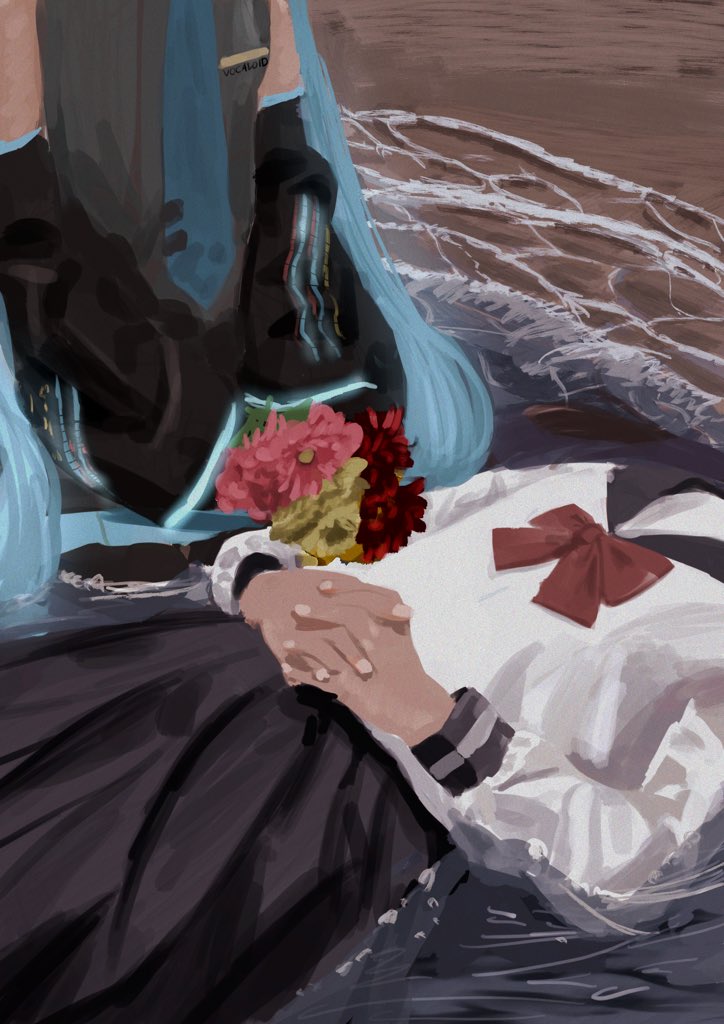 2girls beach black_sailor_collar black_skirt black_sleeves blue_hair blue_necktie bouquet bow bowtie commentary_request detached_sleeves grey_shirt hands_on_own_stomach hatsune_miku head_out_of_frame holding holding_bouquet interlocked_fingers kuroiwa_brs long_hair long_sleeves lying multiple_girls necktie on_back on_ground outdoors own_hands_together partially_submerged red_bow red_bowtie sailor_collar sand school_uniform serafuku shirt skirt sleeveless sleeveless_shirt sleeves_past_fingers sleeves_past_wrists twintails vocaloid waves white_shirt