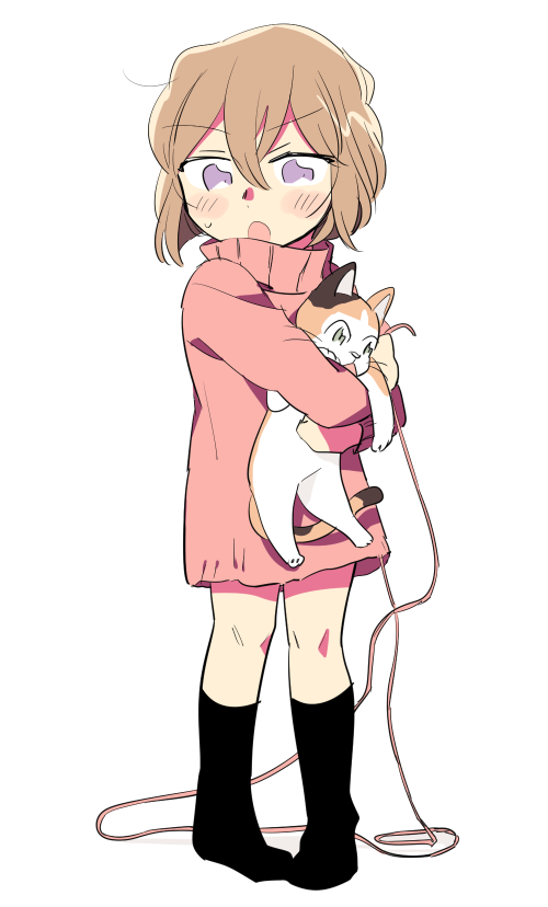 1girl animal black_socks blush brown_hair calico cat commentary english_commentary full_body haibara_ai hair_between_eyes holding holding_animal holding_cat long_sleeves looking_at_viewer meitantei_conan oneroom-disco open_mouth pink_sweater short_hair socks solo standing sweatdrop sweater violet_eyes white_background