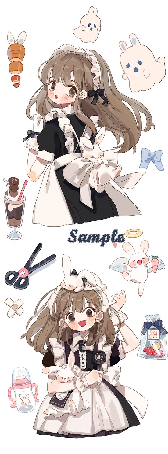 1girl :o angel_wings animal_on_head animal_print apron back_bow bag bandaid black_bow black_dress black_necktie blue_bow blush_stickers bow brown_eyes brown_hair buttons candy carrot carrot_slice center_frills clenched_hand collared_shirt dress floppy_ears flower food frilled_apron frills from_behind ghost hair_bow halo highres holding holding_carrot holding_food holding_rabbit long_hair looking_at_viewer looking_back maid maid_headdress multiple_views necktie on_head open_mouth original plastic_bag puffy_short_sleeves puffy_sleeves putong_xiao_gou rabbit rabbit_on_head rabbit_print sample_watermark scissors shirt short_sleeves smile straight-on watermark white_apron white_background white_bow white_flower white_headdress white_shirt white_wings white_wrist_cuffs wings