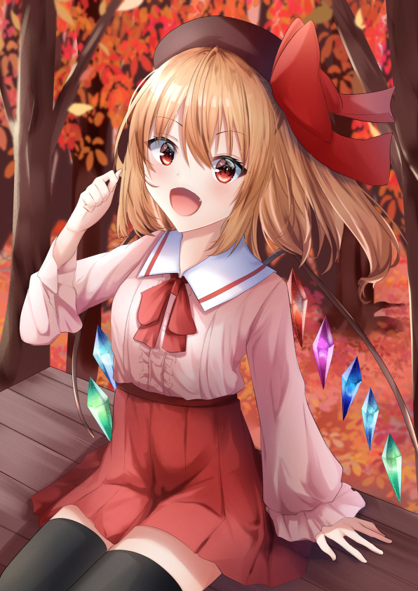1girl alternate_costume alternate_headwear autumn autumn_leaves black_thighhighs blonde_hair bow bowtie brown_headwear center_frills collared_shirt crystal flandre_scarlet frilled_sleeves frills hair_between_eyes happy hat hat_bow head_tilt kisaragimikuru large_bow leaf long_sleeves looking_at_viewer maple_leaf medium_hair multicolored_wings one_side_up open_mouth outdoors pink_shirt red_bow red_bowtie red_eyes red_skirt shirt skirt solo thigh-highs touhou tree wings wooden_bench zettai_ryouiki