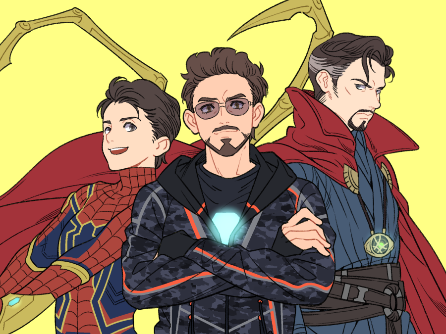 3boys animal_print arc_reactor avengers:_infinity_war avengers_(series) belt black_belt black_hair black_shirt blue_bodysuit blue_shirt bodysuit brown_eyes brown_hair cloak closed_mouth crossed_arms doctor_strange facial_hair grey_eyes grey_hair grey_jacket hood hooded_jacket jacket jewelry long_sleeves looking_at_viewer male_focus marvel marvel_cinematic_universe multicolored_hair multiple_boys necklace open_mouth peter_parker red_bodysuit red_cloak shirt short_hair simple_background smile spider-man spider_print spider_web_print standing sunglasses t-shirt teeth tony_stark two-tone_bodysuit two-tone_hair v-shaped_eyebrows yellow_background yukko93