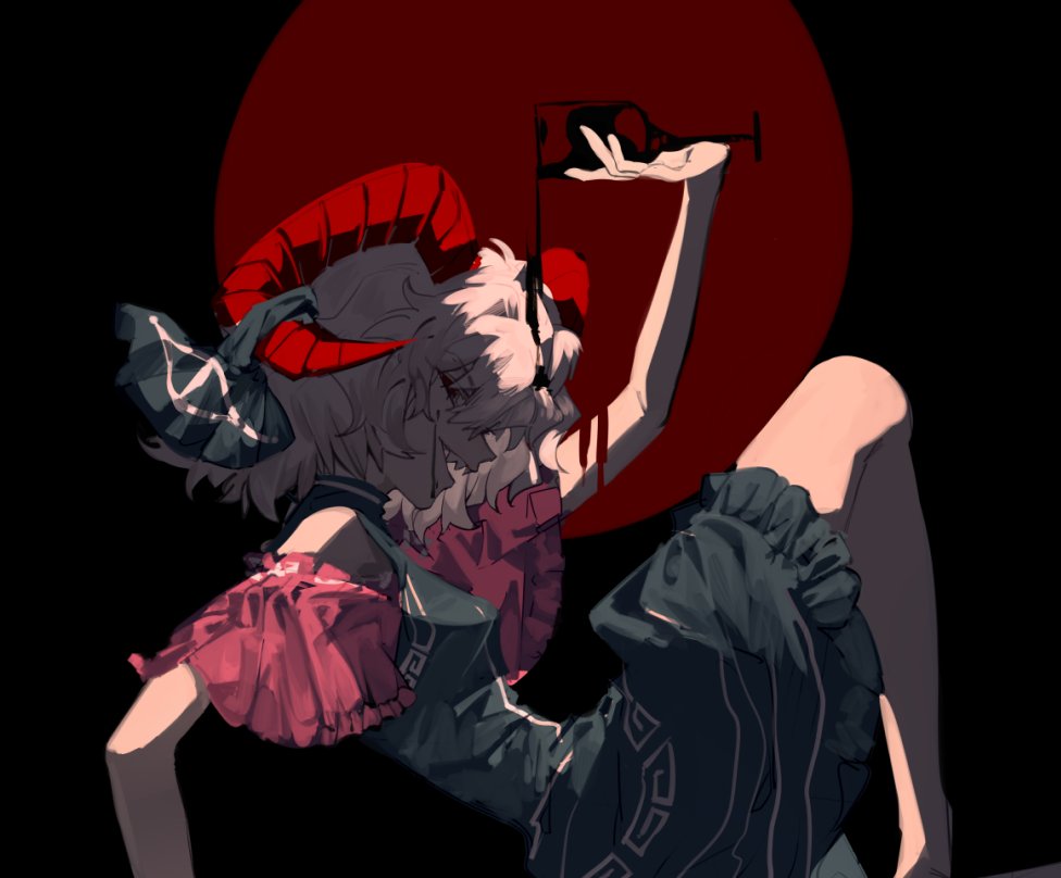 1girl black_background blue_dress crude_oil cup detached_sleeves dress drinking_glass feet_out_of_frame frilled_dress frills hair_between_eyes horn_ornament horn_ribbon horns long_bangs looking_at_viewer looking_to_the_side meandros medium_hair open_mouth patterned_clothing pink_sleeves pouring pouring_onto_self profile red_background red_eyes red_horns ribbon sharp_teeth sheep_horns smile solo teeth touhou toutetsu_yuuma white_hair wine_glass xian_qishui