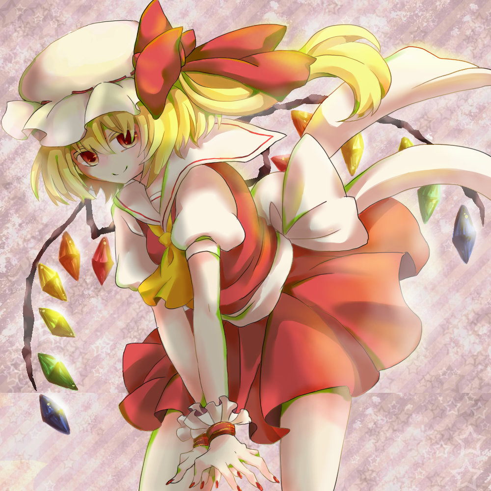 1girl adapted_costume ascot back_bow blonde_hair bow closed_mouth cowboy_shot crystal flandre_scarlet hair_between_eyes hat hat_bow hat_ribbon kiwamete_bureibuna_mato large_bow long_hair looking_at_viewer mob_cap multicolored_wings nail_polish one_side_up puffy_short_sleeves puffy_sleeves red_bow red_eyes red_nails red_ribbon red_skirt red_vest ribbon ribbon-trimmed_headwear ribbon_trim sailor_collar shirt short_sleeves skirt smile solo touhou v_arms vest white_bow white_headwear white_sailor_collar white_shirt wings wrist_cuffs yellow_ascot