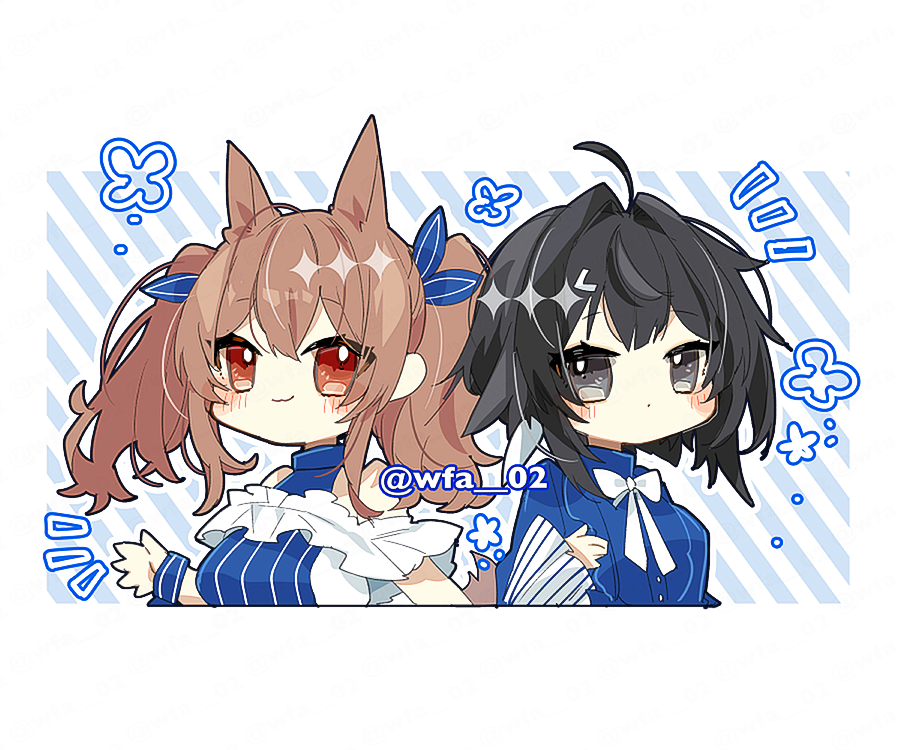 2girls :3 angelina_(arknights) animal_ears arknights bare_shoulders black_hair blue_dress blush breasts closed_mouth commentary_request dot_mouth dress extra_ears fox_ears fox_girl hair_ornament hairclip itsuki_02 la_pluma_(arknights) large_breasts looking_at_viewer medium_hair multiple_girls red_eyes short_hair