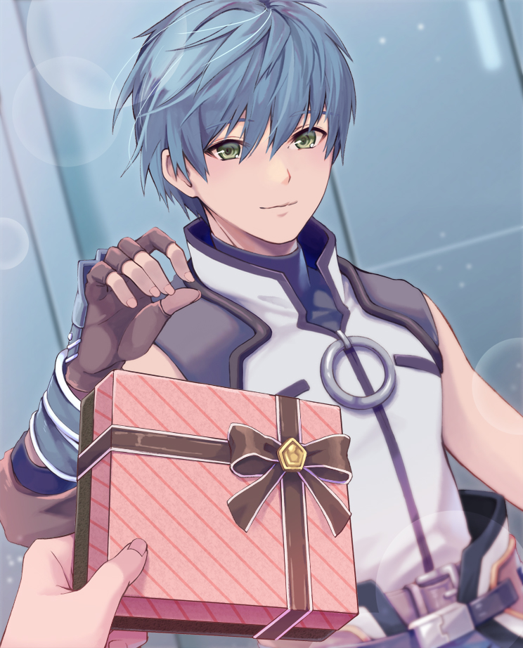 1boy blue_hair blush box brown_gloves closed_mouth detached_sleeves fayt_leingod fingerless_gloves fujishino_shikino gift gift_box gloves green_eyes hair_between_eyes holding holding_gift incoming_gift looking_at_viewer male_focus pov pov_hands shirt short_hair simple_background single_detached_sleeve sleeveless smile star_ocean star_ocean_till_the_end_of_time valentine white_shirt