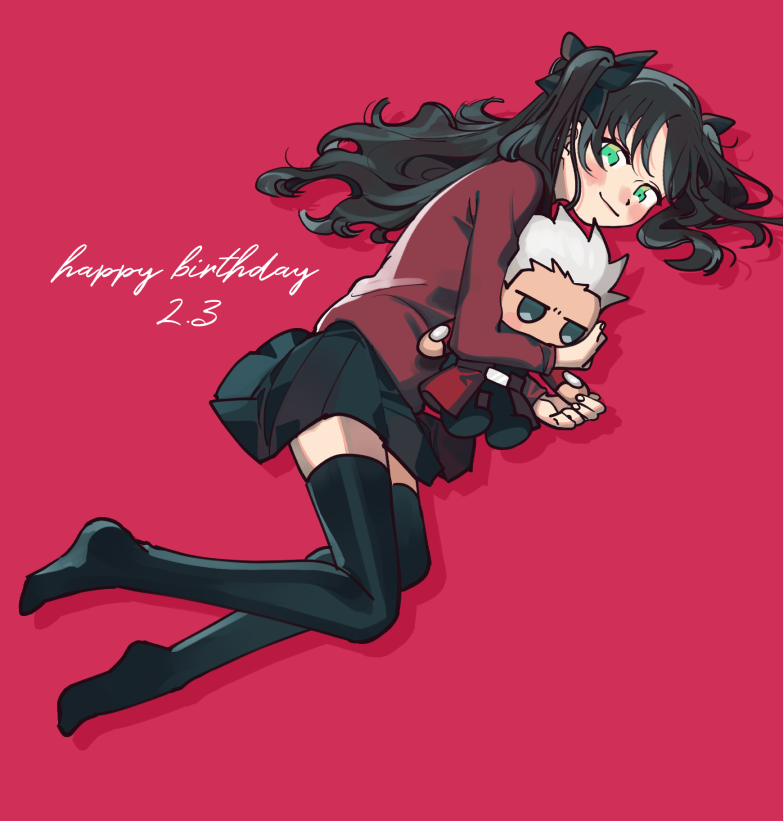 1girl archer_(fate) black_hair black_ribbon black_skirt black_thighhighs character_doll closed_mouth dated fate/stay_night fate_(series) green_eyes hair_ribbon happy_birthday hugging_doll hugging_object long_hair lying on_side oneroom-disco red_background red_shirt ribbon shirt simple_background skirt smile thigh-highs tohsaka_rin