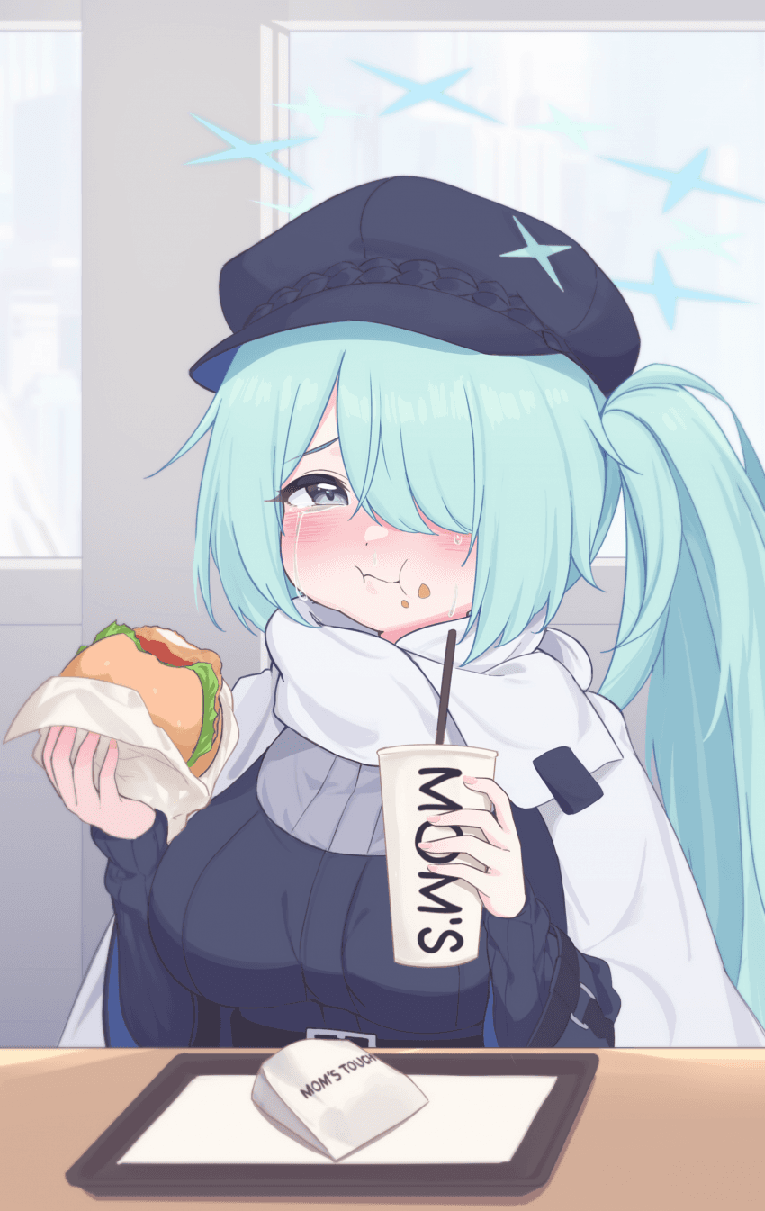 1girl belt black_belt black_headwear blue_archive blue_halo blush breasts bsm_(nerdmin) burger cabbie_hat closed_mouth crying crying_with_eyes_open drink drinking_straw eating food green_eyes green_hair hair_over_one_eye halo hat highres hiyori_(blue_archive) holding holding_food large_breasts long_hair long_sleeves mom's_touch side_ponytail solo tears