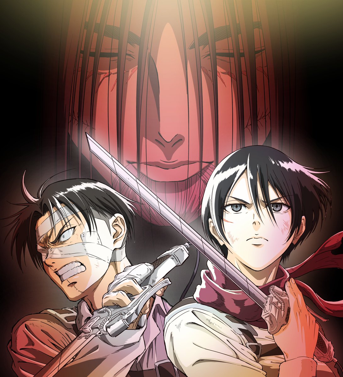 1girl ariariariar21 bandage_over_one_eye bruise clenched_teeth closed_eyes eren_yeager facial_mark highres holding holding_sword holding_weapon injury looking_to_the_side mikasa_ackerman projected_inset promotional_art red_scarf red_theme scar scar_on_cheek scar_on_face scarf serious sword teeth upper_body weapon