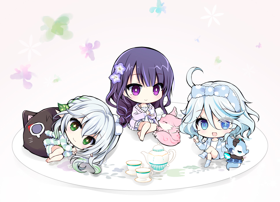 3girls :d barefoot blue_bow blue_eyes blue_hair blue_jacket blue_socks bow bubbly_seahorse_(genshin_impact) chibi commentary cross-shaped_pupils cup eyes_visible_through_hair flower furina_(genshin_impact) genshin_impact green_eyes green_hair hair_between_eyes hair_flower hair_ornament hair_over_one_eye jacket long_hair lying multicolored_hair multiple_girls nahida_(genshin_impact) on_side open_clothes open_jacket pink_background polka_dot polka_dot_bow purple_flower purple_hair raiden_shogun saucer scaramouche_(cat)_(genshin_impact) scaramouche_(genshin_impact) shirogane_hina shirt side_ponytail simple_background sitting smile socks streaked_hair striped striped_jacket striped_socks surintendante_chevalmarin symbol-only_commentary symbol-shaped_pupils teacup teapot very_long_hair violet_eyes white_hair white_shirt yae_miko yae_miko_(fox)