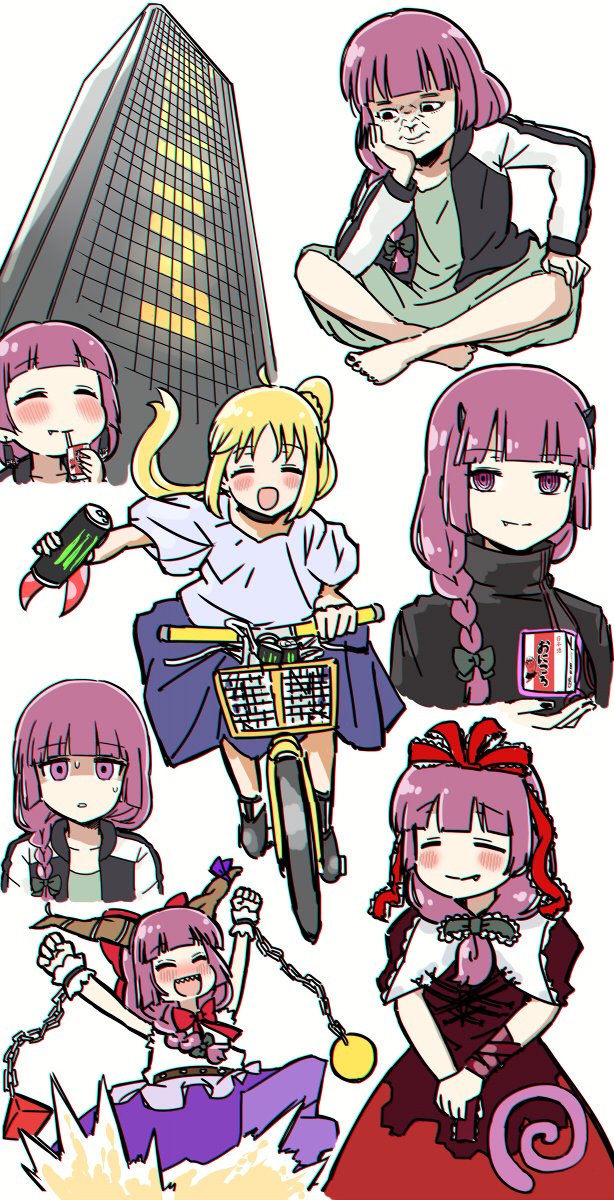 2girls =_= alcohol_carton barefoot bicycle black_jacket blonde_hair blue_skirt blush bocchi_the_rock! bow braid braided_ponytail can chain closed_eyes closed_mouth cosplay dress drinking earrings fang fang_out green_dress hair_bow highres hiroi_kikuri holding holding_can horns ibuki_suika ibuki_suika_(cosplay) ijichi_nijika jacket jewelry kagiyama_hina kagiyama_hina_(cosplay) long_hair looking_at_viewer monster_energy multiple_girls nervous_sweating open_clothes open_jacket open_mouth purple_hair red_dress riding riding_bicycle ringed_eyes shaded_face short_sleeves skirt smile sweat telekinesis torako_(toramaru) touhou turtleneck violet_eyes white_skirt