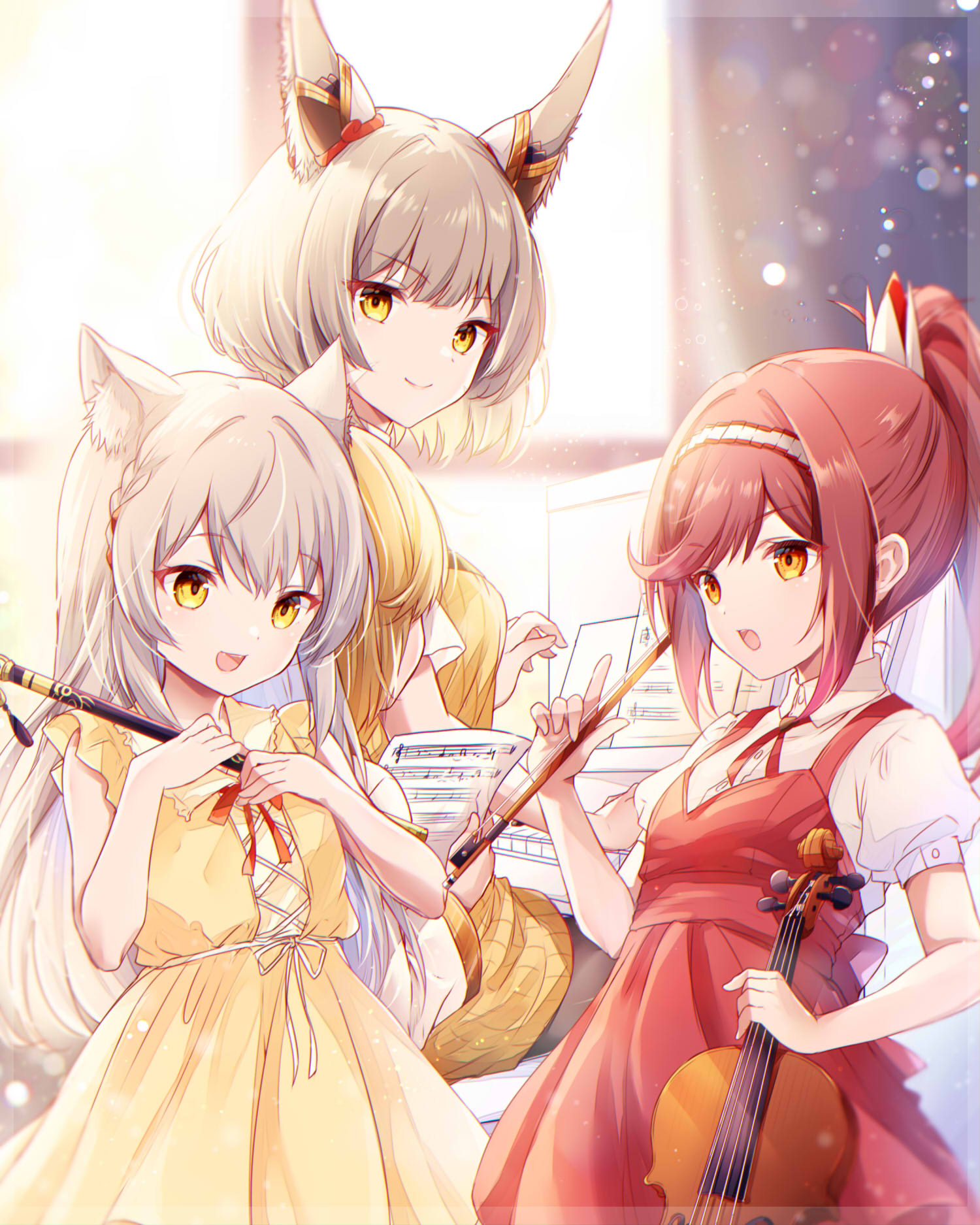 3girls :o aged_down animal_ears cat_ears child closed_mouth commentary_request dress facial_mark flute glimmer_(xenoblade) grey_hair highres holding holding_flute holding_instrument holding_violin indoors instrument long_hair mio_(xenoblade) mother_and_daughter multiple_girls nia_(xenoblade) open_mouth piano pinafore_dress ponytail puffy_short_sleeves puffy_sleeves red_dress redhead shirt short_hair short_sleeves siblings sisters sleeveless sleeveless_dress smile ui_frara very_long_hair violin white_shirt xenoblade_chronicles_(series) xenoblade_chronicles_3 yellow_dress yellow_eyes