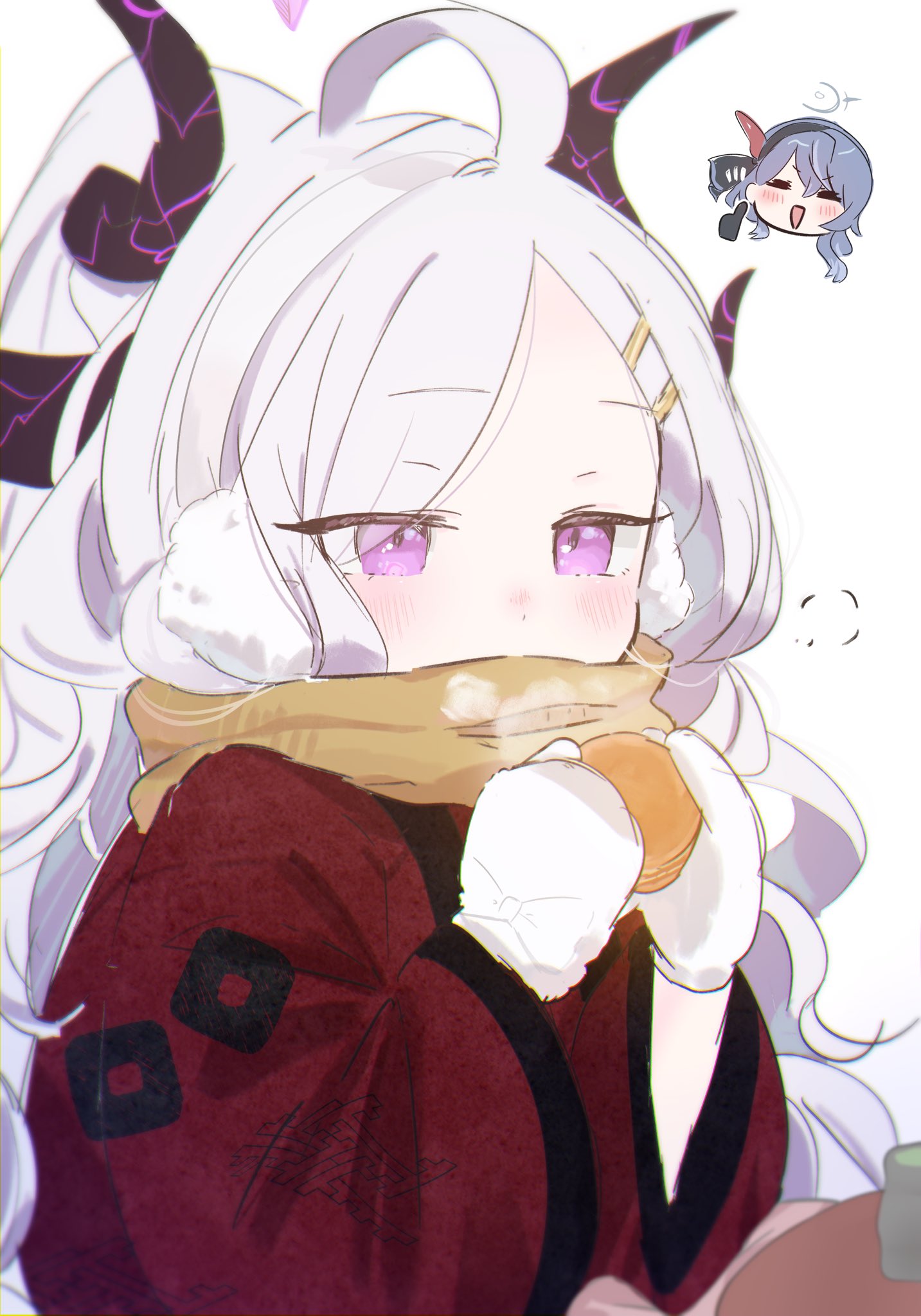 2girls ahoge ako_(blue_archive) blue_archive blush demon_horns earmuffs enpera food grey_hair highres hina_(blue_archive) holding holding_food horns japanese_clothes kimono mittens multiple_girls multiple_horns pink_eyes red_kimono scarf simple_background sk39z steam upper_body white_background white_mittens yellow_scarf
