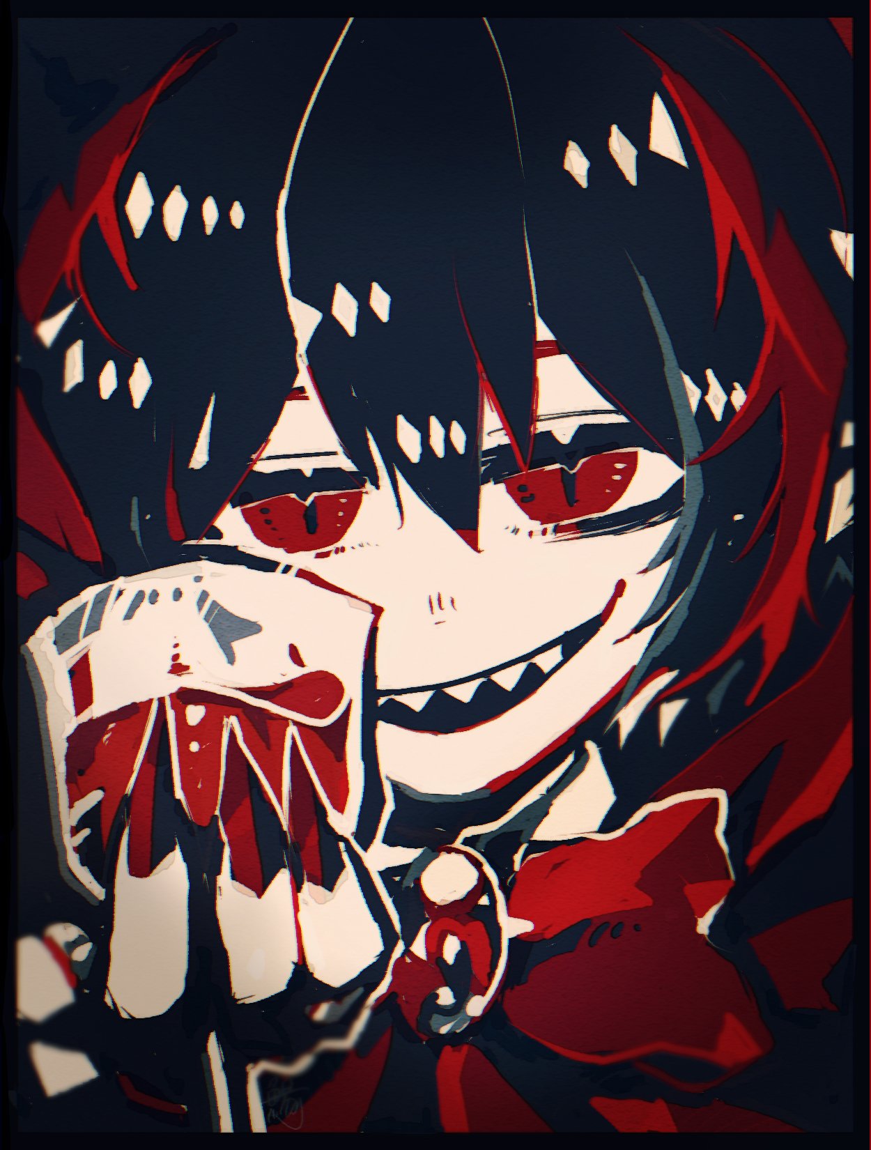 1boy black_hair bow bowtie brooch cup drinking_glass fingernails gem hand_up highres holding holding_cup jewelry library_of_ruina looking_at_viewer male_focus multicolored_hair nosferatu_(project_moon) open_mouth pointy_ears project_moon red_bow red_bowtie red_eyes red_gemstone red_nails redhead sharp_fingernails sharp_teeth smile solo streaked_hair surumenabe teeth vampire wine_glass