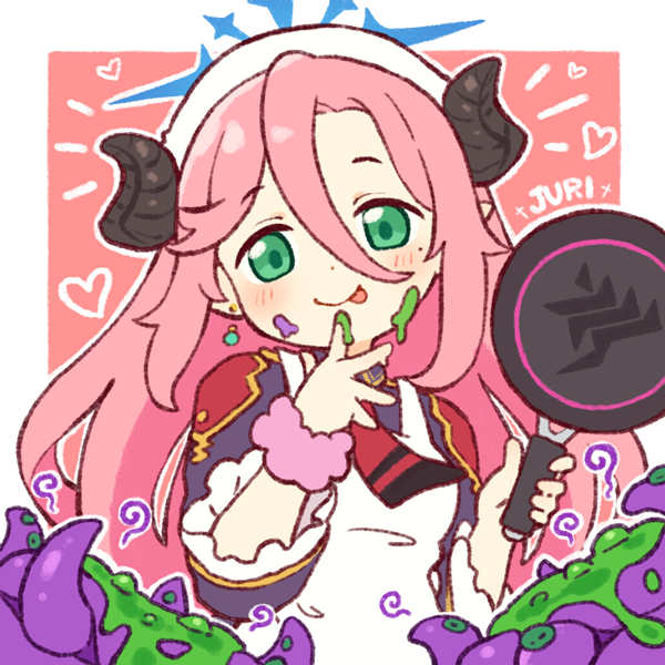 1girl :p apron black_shirt blue_archive blush breasts character_name closed_mouth collared_shirt frying_pan green_eyes hair_between_eyes halo heart holding juri_(blue_archive) long_hair long_sleeves notice_lines onyhakase pink_background pink_hair pink_scrunchie scrunchie shirt small_breasts smile solo tentacles tongue tongue_out two-tone_background very_long_hair white_apron white_background white_headwear wrist_scrunchie