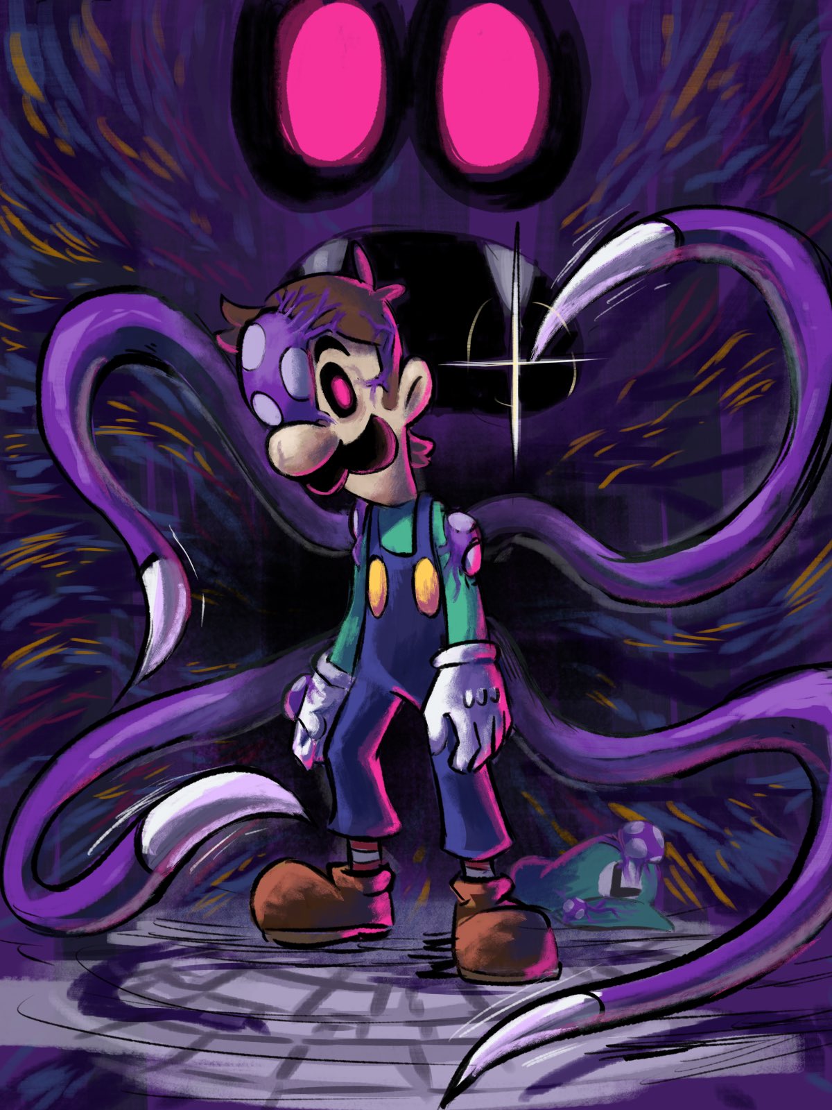 1bitheart 1other black_sclera blue_overalls boots brown_footwear brown_hair colored_sclera facial_hair fangs gloves green_shirt highres looking_at_viewer luigi mari_luijiroh mario_&amp;_luigi:_partners_in_time mario_&amp;_luigi_rpg masanori_sato_(style) mustache one_eye_covered overalls pink_eyes red_socks shirt short_hair shroob socks standing striped striped_socks super_mario_bros. tentacles two-tone_socks white_gloves white_socks