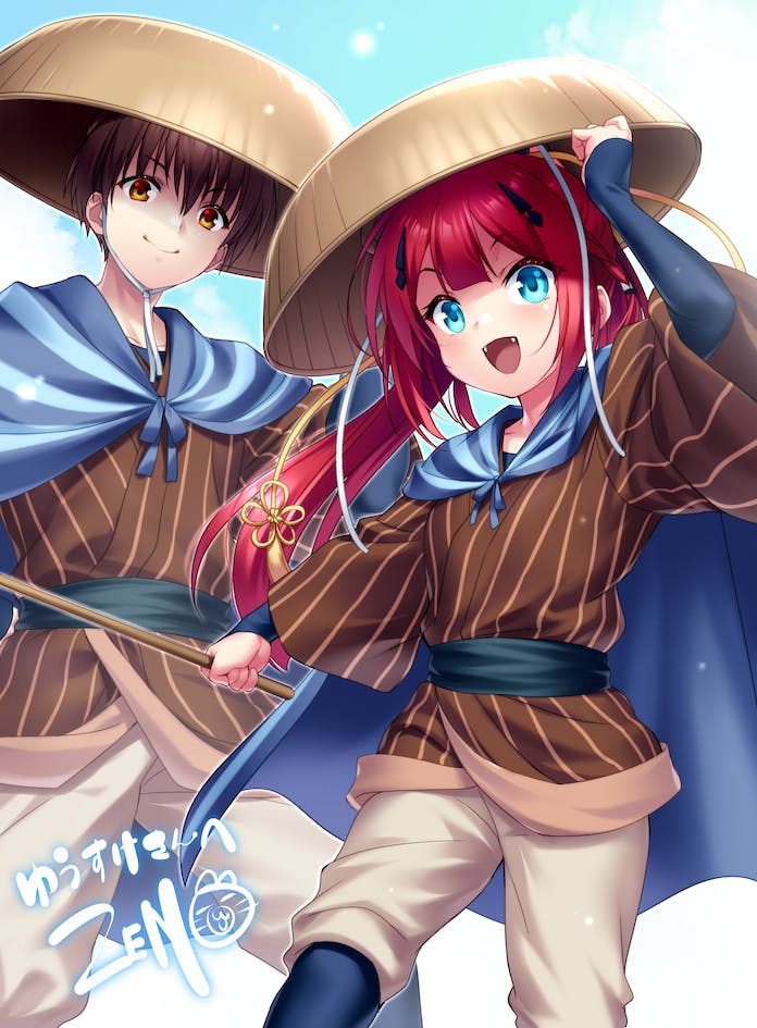 &gt;:) 1boy 1girl :d alternate_costume aqua_eyes arm_up blue_cloak blue_sky blunt_bangs brown_eyes brown_hair cloak closed_mouth clothing_request commentary_request commission cowboy_shot day eyelashes fangs hair_between_eyes hair_ornament hairclip happy holding holding_stick kamiyama_shiki light_blush long_hair long_sleeves looking_at_viewer open_mouth outdoors redhead shaded_face short_hair skeb_commission sky smile standing stick summer_pockets takahara_hairi twintails v-shaped_eyebrows watermark wide_sleeves zen_(kamuro)