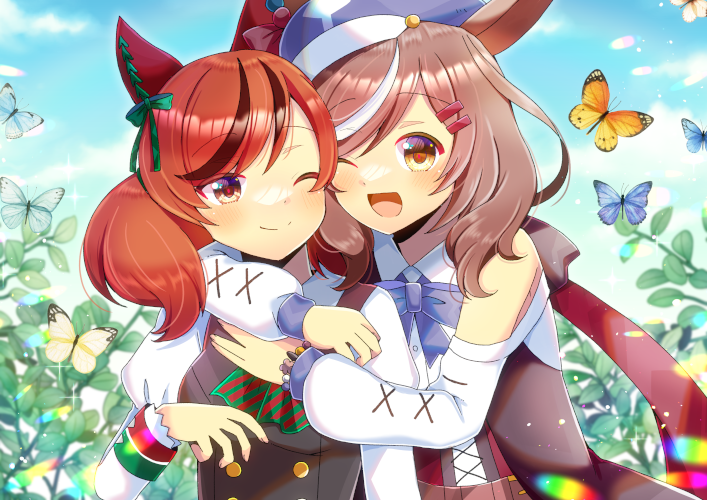 2girls ;) ;d animal animal_ears arms_around_neck bare_shoulders black_dress blue_bow blue_headwear blue_sky blush bow breasts brown_hair bug butterfly cabbie_hat closed_mouth clothing_cutout clouds commentary_request commission day dress ear_bow green_bow hat horse_ears juliet_sleeves kou_hiyoyo long_sleeves matikane_tannhauser_(umamusume) medium_breasts multicolored_hair multiple_girls nice_nature_(umamusume) one_eye_closed orange_hair outdoors puffy_long_sleeves puffy_sleeves red_bow shirt shoulder_cutout skeb_commission sky sleeveless sleeveless_dress smile streaked_hair tilted_headwear twintails umamusume upper_body white_hair white_shirt