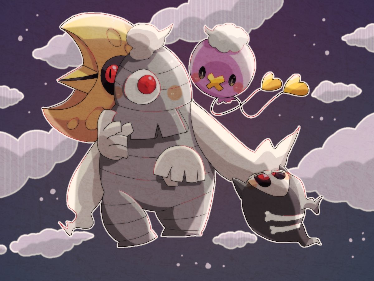 animal_focus bandages clouds cloudy_sky colored_skin commentary_request crescent_moon drifloon dusclops duskull ghost hanabusaoekaki lunatone moon night night_sky no_humans one-eyed pokemon pokemon_(creature) purple_skin red_eyes skull sky solid_oval_eyes