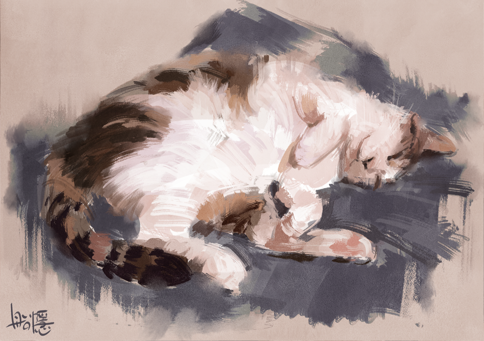 artist_name brown_fur cat closed_eyes lying no_humans on_side original sleeping whiskers white_fur yk_funa