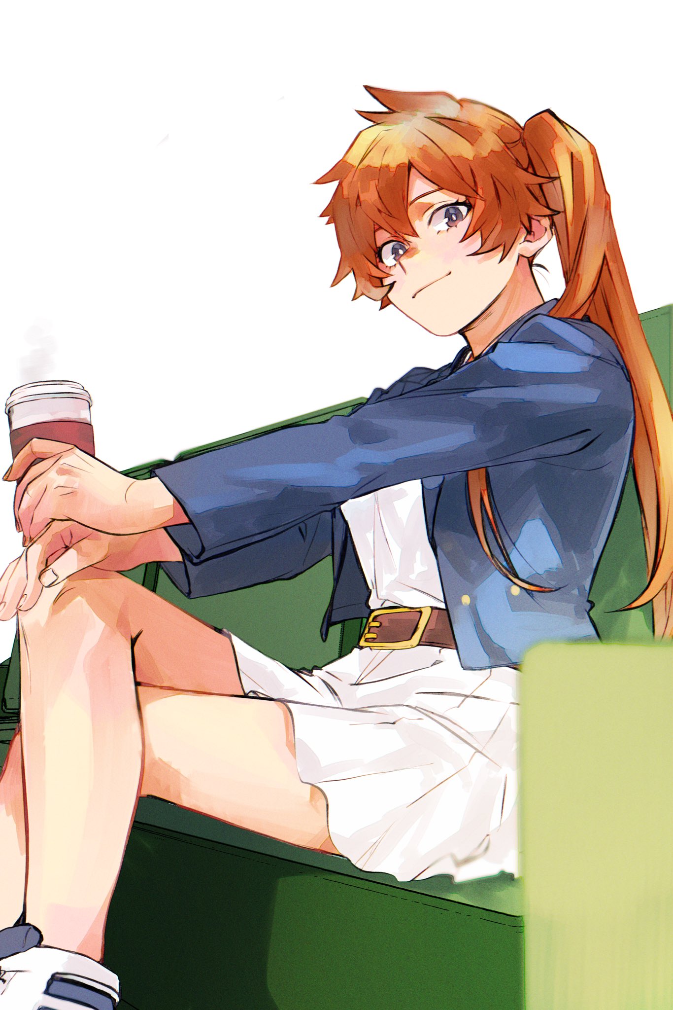 1girl alternate_costume belt blue_jacket boku_no_hero_academia brown_belt brown_eyes coffee_cup commentary couch crossed_legs cup disposable_cup highres holding holding_cup jacket kendou_itsuka light_smile long_hair looking_at_viewer nishino_(fetv8484) on_couch orange_hair shirt side_ponytail sitting skirt solo symbol-only_commentary white_background white_shirt white_skirt