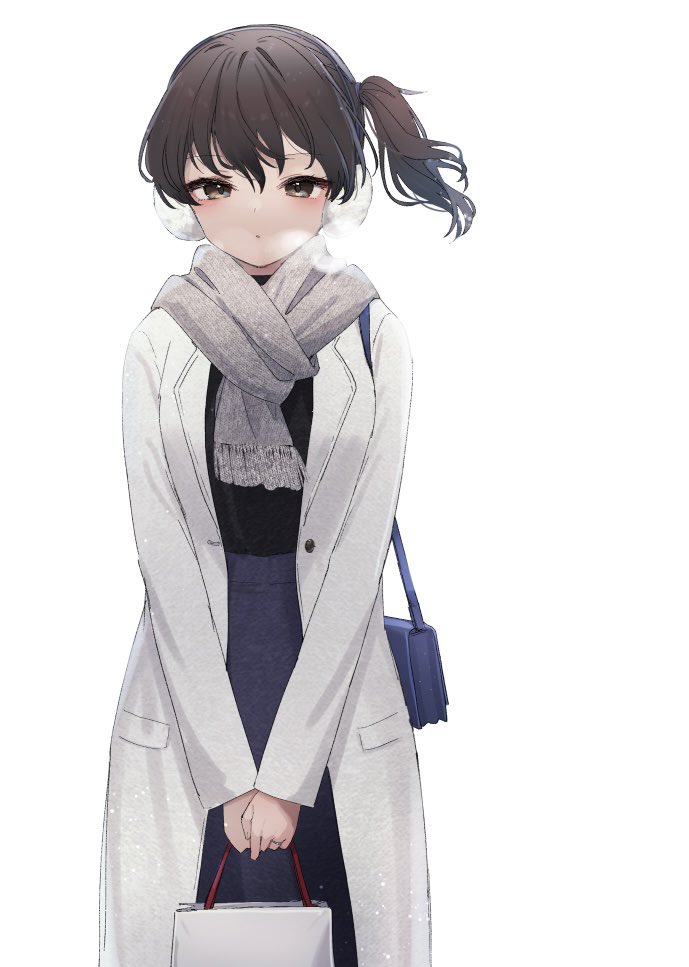 1girl bag black_shirt blue_skirt blush brown_eyes brown_hair coat earmuffs fringe_trim grey_scarf hair_between_eyes holding holding_bag kaga_(kancolle) kantai_collection long_hair looking_at_viewer one-hour_drawing_challenge open_clothes open_coat scarf shirt shoulder_bag side_ponytail simple_background skirt solo white_background white_coat yamashichi_(mtseven)