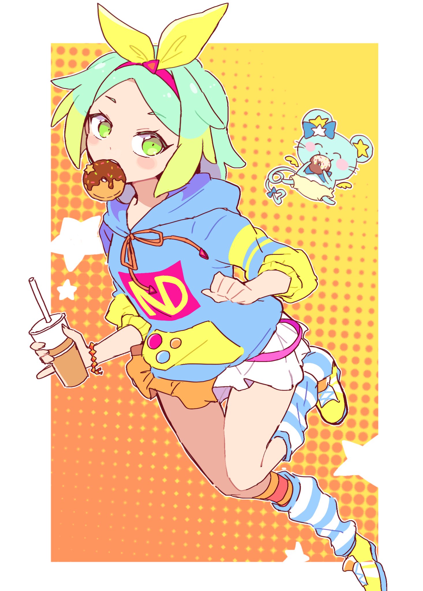 1girl blue_bow blue_hoodie blush border bow bracelet chuppe closed_eyes commentary cup disposable_cup doughnut eating food full_body green_eyes green_hair hair_bow hairband highres holding holding_cup hood hoodie idol_time_pripara jewelry leg_warmers looking_at_viewer mouse mouth_hold multicolored_hair nijiiro_nino nojima_minami pink_hairband pleated_skirt pretty_(series) pripara running shoes short_hair skirt sneakers socks star_(symbol) striped striped_socks symbol-only_commentary two-tone_hair white_border yellow_bow yellow_footwear