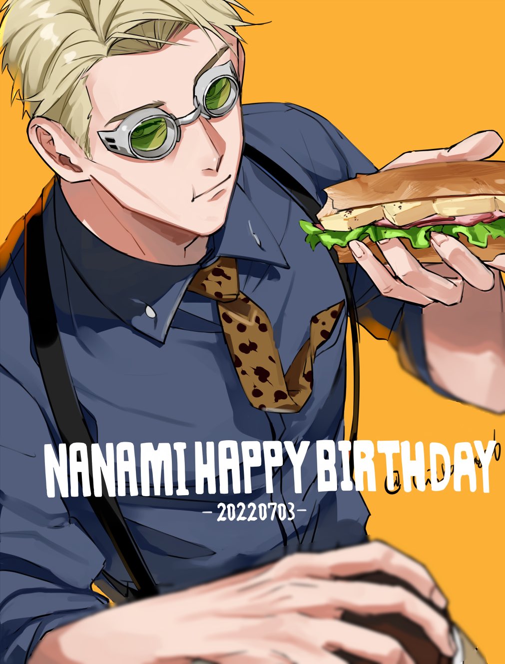 1boy 2022 animal_print blonde_hair blue_shirt bread character_name cheese collared_shirt dated eating food goggles happy_birthday highres holding holding_food jujutsu_kaisen leopard_print lettuce looking_at_viewer male_focus nanami_kento necktie necktie_in_pocket sano_maru shirt short_hair solo suspenders watch watch yellow_necktie