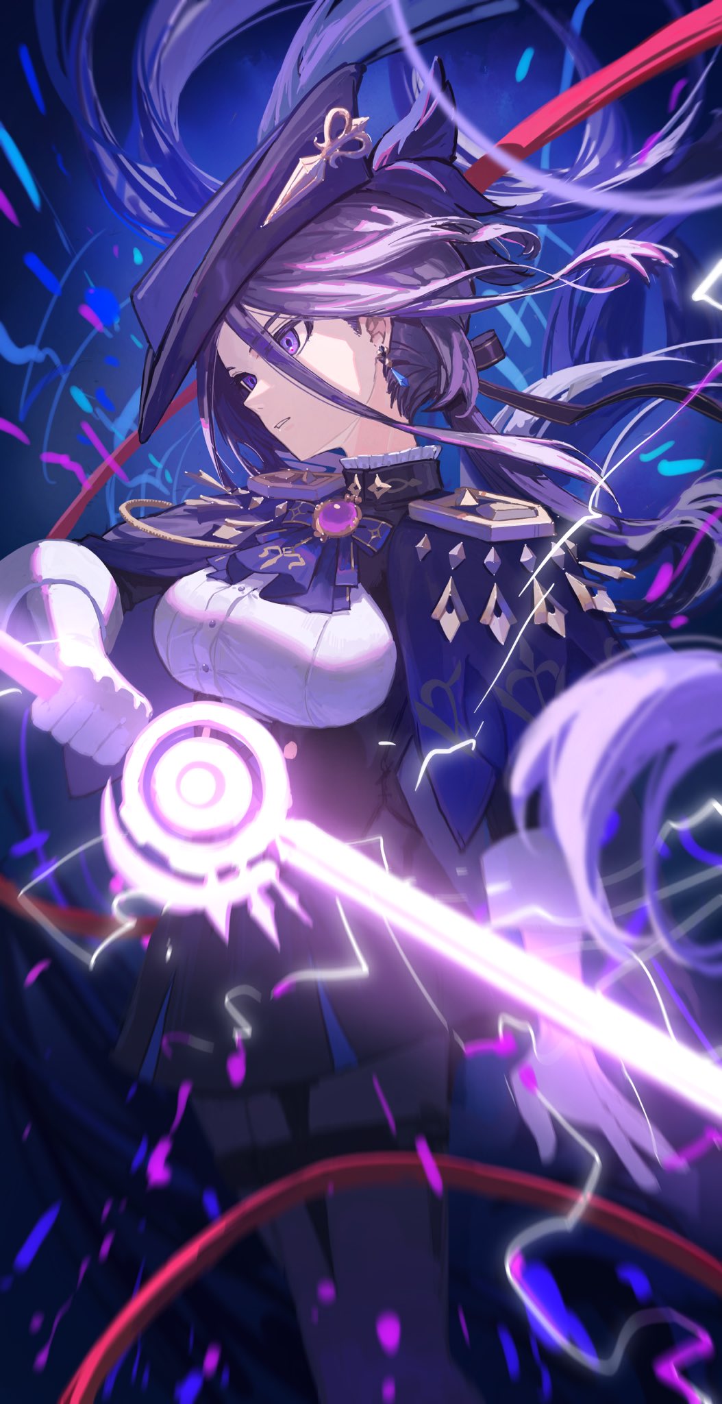 1girl 666_krs000 ascot black_corset black_pantyhose black_shorts blue_background blue_cape cape clorinde_(genshin_impact) corset cowboy_shot dangle_earrings earrings epaulettes floating_hair fold-over_gloves genshin_impact gloves glowing glowing_sword glowing_weapon hat head_tilt highres holding holding_sword holding_weapon iron_sting_(genshin_impact) jewelry long_hair looking_ahead low_ponytail medium_hair nape pantyhose parted_bangs parted_lips purple_ascot purple_hair purple_headwear shirt short_shorts shorts sidelocks solo sword taut_clothes taut_shirt tricorne violet_eyes weapon white_gloves white_shirt