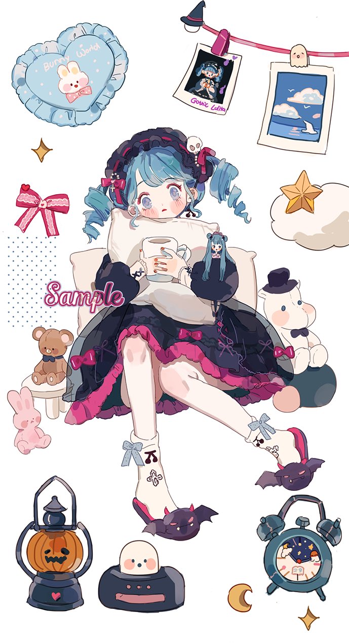 1girl alarm_clock animal_slippers bat_wings black_dress black_footwear black_hairband blue_bow blue_eyes blue_hair blunt_bangs blush_stickers bow bow_legwear clock closed_mouth crescent_moon cross_print cup doll dress dress_bow drill_hair eyelashes eyeshadow frilled_dress frills frown full_body ghost gothic_lolita hair_bow hair_ornament hairband head_tilt heart-shaped_pillow highres holding holding_cup holding_doll holding_pillow jack-o'-lantern lantern lolita_fashion lolita_hairband long_sleeves looking_at_viewer makeup moon mug nail_polish original photo_(object) pillow pink_bow pink_eyeshadow puffy_long_sleeves puffy_sleeves putong_xiao_gou red_bow red_lips red_nails ribbon-trimmed_hairband sample_watermark short_dress sitting skull_hair_ornament slippers socks solo sparkle star_(symbol) stool straight-on stuffed_animal stuffed_hippopotamus stuffed_rabbit stuffed_toy teddy_bear twin_drills watermark white_background white_socks winged_footwear wings