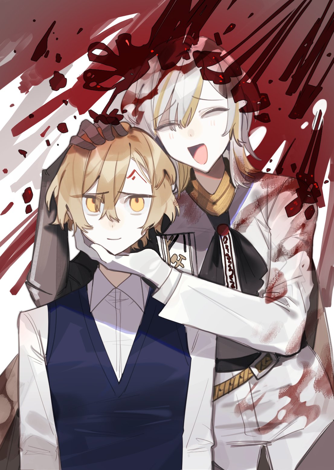 1boy 1girl ascot black_ascot blonde_hair blood blood_on_clothes blue_vest closed_eyes closed_mouth collared_shirt facial_mark faust_(limbus_company) forehead_mark gauntlets gloves hand_on_another's_chin hand_on_another's_head highres limbus_company long_sleeves multicolored_hair open_mouth project_moon shirt sinclair_(limbus_company) single_gauntlet smile standing streaked_hair umikuri vest wax_seal white_gloves white_hair white_shirt yellow_eyes